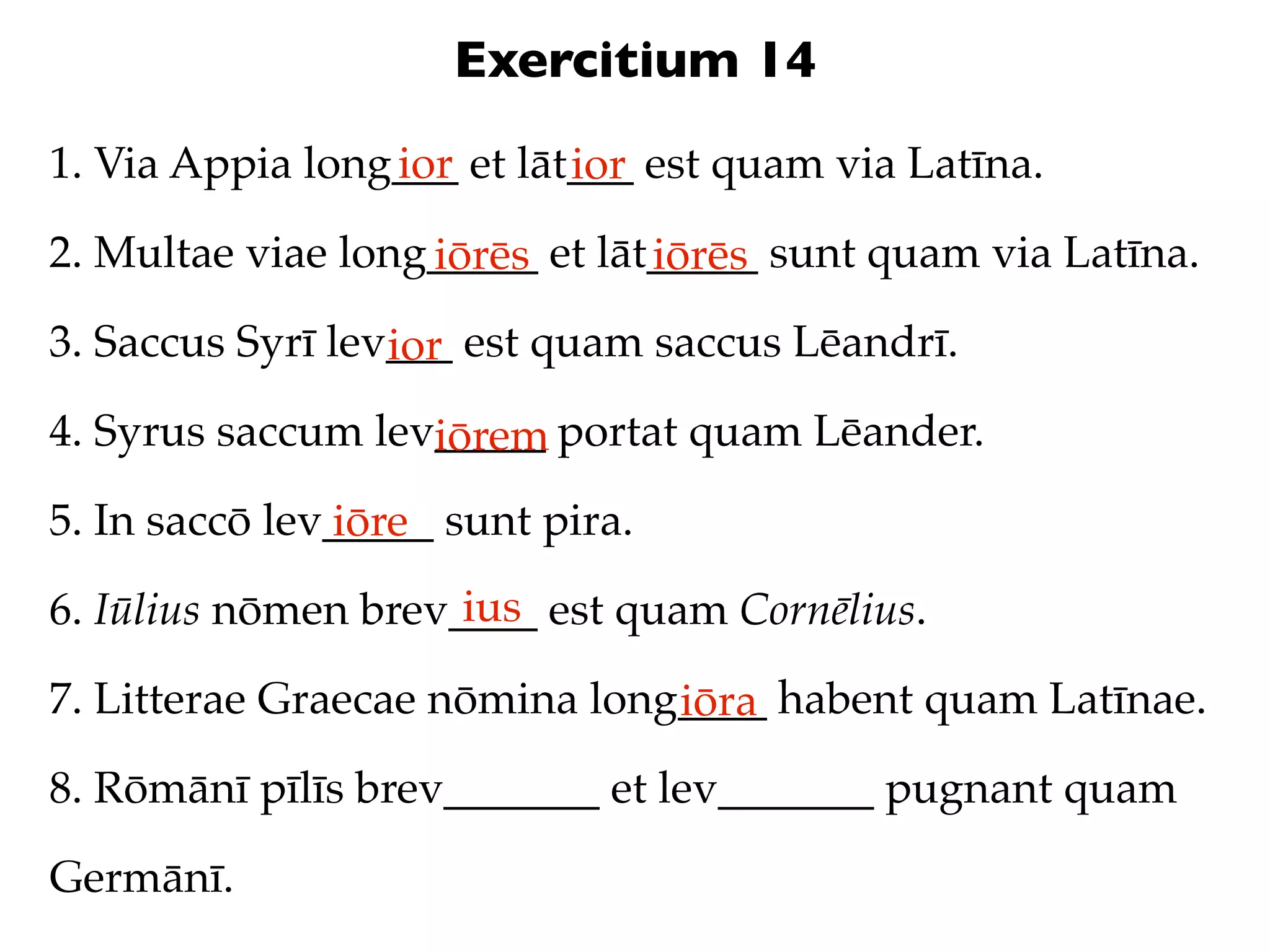Exercitium 14
1. Via Appia long___ et lāt___ est quam via Latīna.
                 ior       ior
2. Multae viae long_____ et lāt_____ sunt quam via Latīna.
                   iōrēs       iōrēs
3. Saccus Syrī lev___ est quam saccus Lēandrī.
                  ior
4. Syrus saccum lev_____ portat quam Lēander.
                   iōrem
5. In saccō lev_____ sunt pira.
               iōre
                     ius
6. Iūlius nōmen brev____ est quam Cornēlius.

7. Litterae Graecae nōmina long____ habent quam Latīnae.
                               iōra
8. Rōmānī pīlīs brev_______ et lev_______ pugnant quam

Germānī.
 