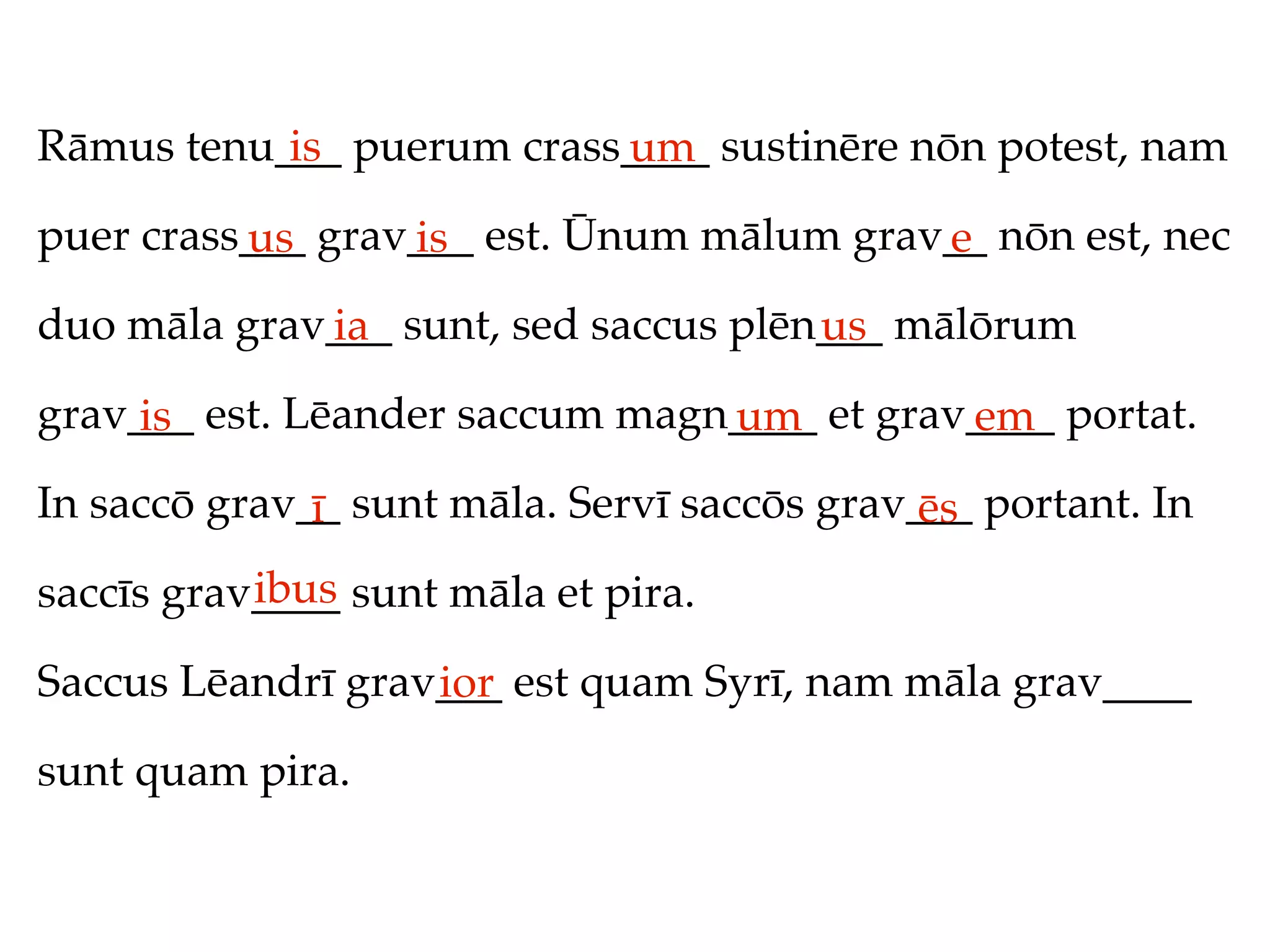 Rāmus tenu___ puerum crass____ sustinēre nōn potest, nam
           is             um
puer crass___ grav___ est. Ūnum mālum grav__ nōn est, nec
          us      is                      e
duo māla grav___ sunt, sed saccus plēn___ mālōrum
             ia                       us
grav___ est. Lēander saccum magn____ et grav____ portat.
     is                         um          em
In saccō grav__ sunt māla. Servī saccōs grav___ portant. In
              ī                              ēs
           ibus
saccīs grav____ sunt māla et pira.

Saccus Lēandrī grav___ est quam Syrī, nam māla grav____
                   ior
sunt quam pira.
 
