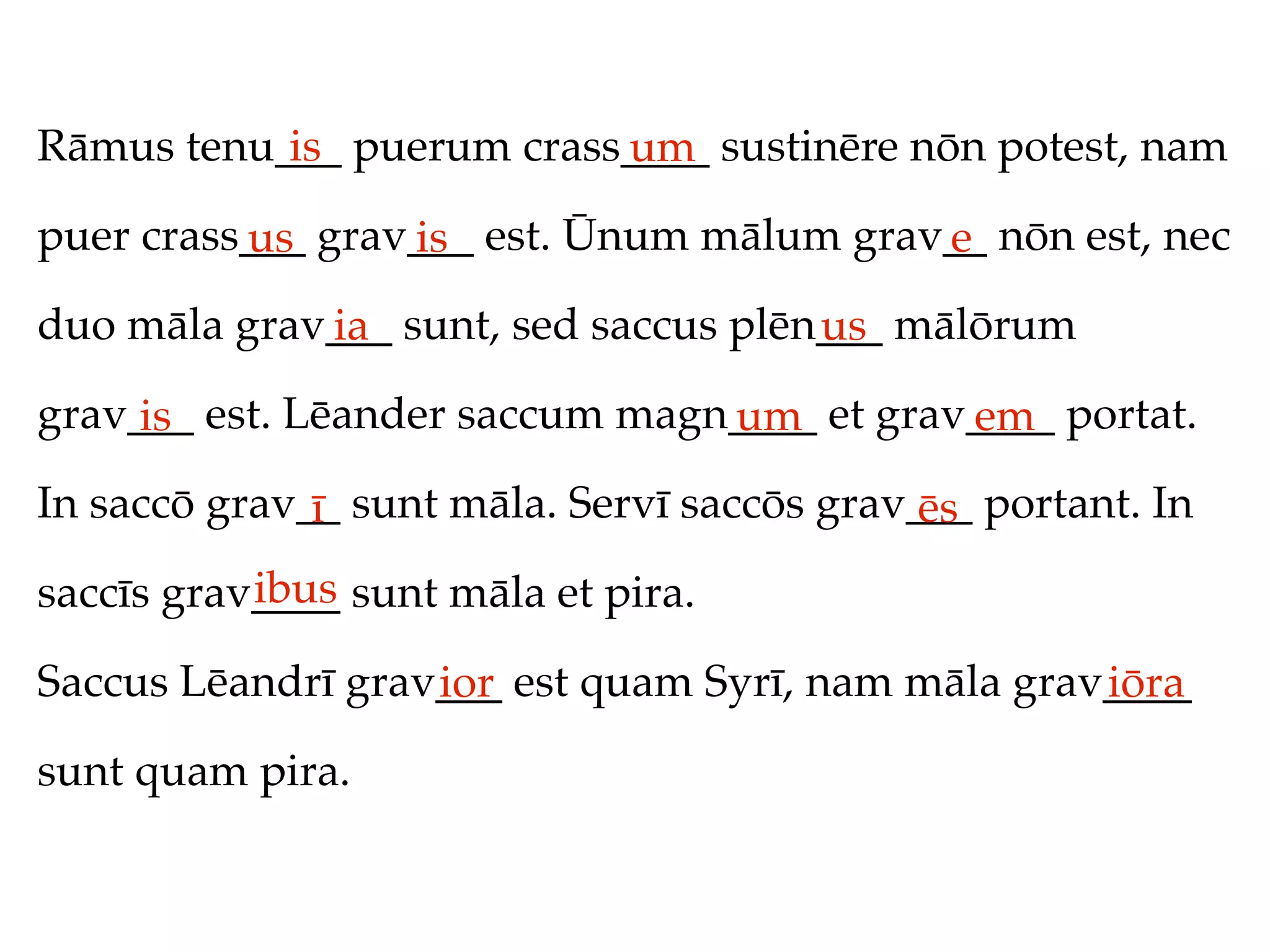Rāmus tenu___ puerum crass____ sustinēre nōn potest, nam
           is             um
puer crass___ grav___ est. Ūnum mālum grav__ nōn est, nec
          us      is                      e
duo māla grav___ sunt, sed saccus plēn___ mālōrum
             ia                       us
grav___ est. Lēander saccum magn____ et grav____ portat.
     is                         um          em
In saccō grav__ sunt māla. Servī saccōs grav___ portant. In
              ī                              ēs
           ibus
saccīs grav____ sunt māla et pira.

Saccus Lēandrī grav___ est quam Syrī, nam māla grav____
                   ior                             iōra
sunt quam pira.
 