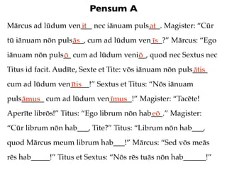 Pensum A
Mārcus ad lūdum ven___ nec iānuam puls___. Magister: “Cūr
                   it                 at
tū iānuam nōn puls___, cum ad lūdum ven___?” Mārcus: “Ego
                  ās                   īs
iānuam nōn puls__ cum ad lūdum veni__, quod nec Sextus nec
               ō                   ō
Titus id facit. Audīte, Sexte et Tite: vōs iānuam nōn puls____
                                                          ātis
cum ad lūdum ven_____!” Sextus et Titus: “Nōs iānuam
                ītis
puls______ cum ad lūdum ven______!” Magister: “Tacēte!
    āmus                   īmus
Aperīte librōs!” Titus: “Ego librum nōn hab___.” Magister:
                                           eō
“Cūr librum nōn hab___, Tite?” Titus: “Librum nōn hab___,
quod Mārcus meum librum hab___!” Mārcus: “Sed vōs meās
rēs hab_____!” Titus et Sextus: “Nōs rēs tuās nōn hab______!”
 