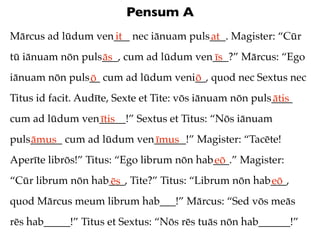 Pensum A
Mārcus ad lūdum ven___ nec iānuam puls___. Magister: “Cūr
                   it                 at
tū iānuam nōn puls___, cum ad lūdum ven___?” Mārcus: “Ego
                  ās                   īs
iānuam nōn puls__ cum ad lūdum veni__, quod nec Sextus nec
               ō                   ō
Titus id facit. Audīte, Sexte et Tite: vōs iānuam nōn puls____
                                                          ātis
cum ad lūdum ven_____!” Sextus et Titus: “Nōs iānuam
                ītis
puls______ cum ad lūdum ven______!” Magister: “Tacēte!
    āmus                   īmus
Aperīte librōs!” Titus: “Ego librum nōn hab___.” Magister:
                                           eō
“Cūr librum nōn hab___, Tite?” Titus: “Librum nōn hab___,
                   ēs                                eō
quod Mārcus meum librum hab___!” Mārcus: “Sed vōs meās
rēs hab_____!” Titus et Sextus: “Nōs rēs tuās nōn hab______!”
 