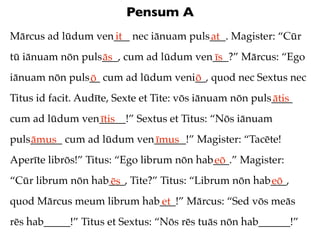 Pensum A
Mārcus ad lūdum ven___ nec iānuam puls___. Magister: “Cūr
                   it                 at
tū iānuam nōn puls___, cum ad lūdum ven___?” Mārcus: “Ego
                  ās                   īs
iānuam nōn puls__ cum ad lūdum veni__, quod nec Sextus nec
               ō                   ō
Titus id facit. Audīte, Sexte et Tite: vōs iānuam nōn puls____
                                                          ātis
cum ad lūdum ven_____!” Sextus et Titus: “Nōs iānuam
                ītis
puls______ cum ad lūdum ven______!” Magister: “Tacēte!
    āmus                   īmus
Aperīte librōs!” Titus: “Ego librum nōn hab___.” Magister:
                                           eō
“Cūr librum nōn hab___, Tite?” Titus: “Librum nōn hab___,
                   ēs                                eō
quod Mārcus meum librum hab___!” Mārcus: “Sed vōs meās
                           et
rēs hab_____!” Titus et Sextus: “Nōs rēs tuās nōn hab______!”
 