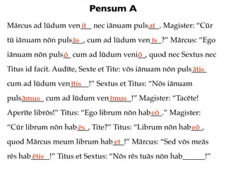 Pensum A
Mārcus ad lūdum ven___ nec iānuam puls___. Magister: “Cūr
                   it                 at
tū iānuam nōn puls___, cum ad lūdum ven___?” Mārcus: “Ego
                  ās                   īs
iānuam nōn puls__ cum ad lūdum veni__, quod nec Sextus nec
               ō                   ō
Titus id facit. Audīte, Sexte et Tite: vōs iānuam nōn puls____
                                                          ātis
cum ad lūdum ven_____!” Sextus et Titus: “Nōs iānuam
                ītis
puls______ cum ad lūdum ven______!” Magister: “Tacēte!
    āmus                   īmus
Aperīte librōs!” Titus: “Ego librum nōn hab___.” Magister:
                                           eō
“Cūr librum nōn hab___, Tite?” Titus: “Librum nōn hab___,
                   ēs                                eō
quod Mārcus meum librum hab___!” Mārcus: “Sed vōs meās
                           et
rēs hab_____!” Titus et Sextus: “Nōs rēs tuās nōn hab______!”
       ētis
 