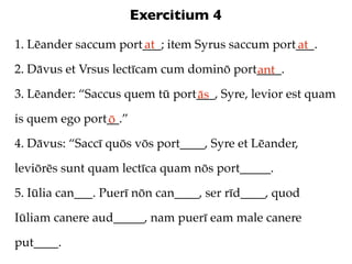 Exercitium 4
1. Lēander saccum port___; item Syrus saccum port___.
                      at                         at
2. Dāvus et Vrsus lectīcam cum dominō port____.
                                          ant
3. Lēander: “Saccus quem tū port___, Syre, levior est quam
                                ās
is quem ego port__.”
                ō
4. Dāvus: “Saccī quōs vōs port____, Syre et Lēander,

leviōrēs sunt quam lectīca quam nōs port_____.

5. Iūlia can___. Puerī nōn can____, ser rīd____, quod

Iūliam canere aud_____, nam puerī eam male canere

put____.
 