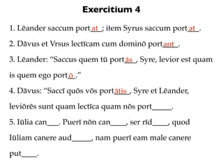 Exercitium 4
1. Lēander saccum port___; item Syrus saccum port___.
                      at                         at
2. Dāvus et Vrsus lectīcam cum dominō port____.
                                          ant
3. Lēander: “Saccus quem tū port___, Syre, levior est quam
                                ās
is quem ego port__.”
                ō
4. Dāvus: “Saccī quōs vōs port____, Syre et Lēander,
                              ātis
leviōrēs sunt quam lectīca quam nōs port_____.

5. Iūlia can___. Puerī nōn can____, ser rīd____, quod

Iūliam canere aud_____, nam puerī eam male canere

put____.
 