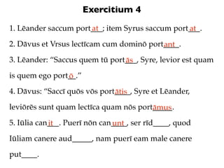 Exercitium 4
1. Lēander saccum port___; item Syrus saccum port___.
                      at                         at
2. Dāvus et Vrsus lectīcam cum dominō port____.
                                          ant
3. Lēander: “Saccus quem tū port___, Syre, levior est quam
                                ās
is quem ego port__.”
                ō
4. Dāvus: “Saccī quōs vōs port____, Syre et Lēander,
                              ātis
leviōrēs sunt quam lectīca quam nōs port_____.
                                        āmus
5. Iūlia can___. Puerī nōn can____, ser rīd____, quod
            it                unt
Iūliam canere aud_____, nam puerī eam male canere

put____.
 