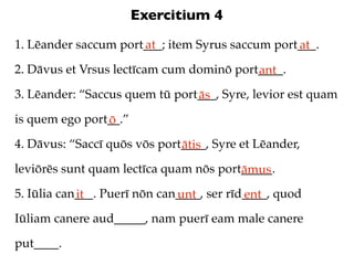 Exercitium 4
1. Lēander saccum port___; item Syrus saccum port___.
                      at                         at
2. Dāvus et Vrsus lectīcam cum dominō port____.
                                          ant
3. Lēander: “Saccus quem tū port___, Syre, levior est quam
                                ās
is quem ego port__.”
                ō
4. Dāvus: “Saccī quōs vōs port____, Syre et Lēander,
                              ātis
leviōrēs sunt quam lectīca quam nōs port_____.
                                        āmus
5. Iūlia can___. Puerī nōn can____, ser rīd____, quod
            it                unt          ent
Iūliam canere aud_____, nam puerī eam male canere

put____.
 