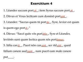 Exercitium 4
1. Lēander saccum port___; item Syrus saccum port___.
                      at                         at
2. Dāvus et Vrsus lectīcam cum dominō port____.
                                          ant
3. Lēander: “Saccus quem tū port___, Syre, levior est quam
                                ās
is quem ego port__.”
                ō
4. Dāvus: “Saccī quōs vōs port____, Syre et Lēander,
                              ātis
leviōrēs sunt quam lectīca quam nōs port_____.
                                        āmus
5. Iūlia can___. Puerī nōn can____, ser rīd____, quod
            it                unt          ent
Iūliam canere aud_____, nam puerī eam male canere
                 iunt
put____.
 
