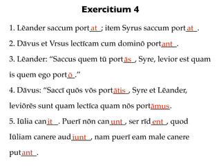 Exercitium 4
1. Lēander saccum port___; item Syrus saccum port___.
                      at                         at
2. Dāvus et Vrsus lectīcam cum dominō port____.
                                          ant
3. Lēander: “Saccus quem tū port___, Syre, levior est quam
                                ās
is quem ego port__.”
                ō
4. Dāvus: “Saccī quōs vōs port____, Syre et Lēander,
                              ātis
leviōrēs sunt quam lectīca quam nōs port_____.
                                        āmus
5. Iūlia can___. Puerī nōn can____, ser rīd____, quod
            it                unt          ent
Iūliam canere aud_____, nam puerī eam male canere
                 iunt
put____.
   ant
 