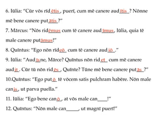 6. Iūlia: “Cūr vōs rīd____, puerī, cum mē canere aud____? Nōnne
                      ētis                          ītis
mē bene canere put____?”
                  ātis
7. Mārcus: “Nōs rid_____ cum tē canere aud_____, Iūlia, quia tē
                   ēmus                   īmus
male canere put_____!”
               āmus
8. Quīntus: “Ego nōn rīd___ cum tē canere aud___.”
                        eō                   iō
9. Iūlia: “Aud__ne, Mārce? Quīntus nōn rid___ cum mē canere
              īs                          et
aud__. Cūr tū nōn rid___, Quīnte? Tūne mē bene canere put___?”
   it                ēs                                  ās
10.Quīntus: “Ego put__ tē vōcem satis pulchram habēre. Nōn male
                    ō
can__, ut parva puella.”
   is
11. Iūlia: “Ego bene can__, at vōs male can____!”
                        ō
12. Quīntus: “Nōn male can_____, ut magnī puerī!”
 