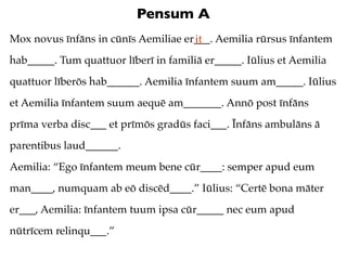 Pensum A
Mox novus īnfāns in cūnīs Aemiliae er___. Aemilia rūrsus īnfantem
                                     it
hab_____. Tum quattuor līberī in familiā er_____. Iūlius et Aemilia
quattuor līberōs hab______. Aemilia īnfantem suum am_____. Iūlius
et Aemilia īnfantem suum aequē am_______. Annō post īnfāns
prīma verba disc___ et prīmōs gradūs faci___. Īnfāns ambulāns ā
parentibus laud______.
Aemilia: “Ego īnfantem meum bene cūr____: semper apud eum
man____, numquam ab eō discēd____.” Iūlius: “Certē bona māter
er___, Aemilia: īnfantem tuum ipsa cūr_____ nec eum apud
nūtrīcem relinqu___.”
 