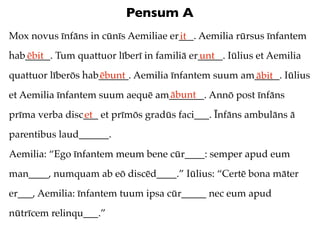 Pensum A
Mox novus īnfāns in cūnīs Aemiliae er___. Aemilia rūrsus īnfantem
                                     it
hab_____. Tum quattuor līberī in familiā er_____. Iūlius et Aemilia
   ēbit                                    unt
quattuor līberōs hab______. Aemilia īnfantem suum am_____. Iūlius
                    ēbunt                           ābit
                                 ābunt
et Aemilia īnfantem suum aequē am_______. Annō post īnfāns
prīma verba disc___ et prīmōs gradūs faci___. Īnfāns ambulāns ā
                et
parentibus laud______.
Aemilia: “Ego īnfantem meum bene cūr____: semper apud eum
man____, numquam ab eō discēd____.” Iūlius: “Certē bona māter
er___, Aemilia: īnfantem tuum ipsa cūr_____ nec eum apud
nūtrīcem relinqu___.”
 