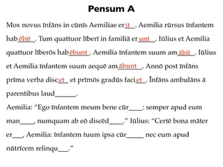 Pensum A
Mox novus īnfāns in cūnīs Aemiliae er___. Aemilia rūrsus īnfantem
                                     it
hab_____. Tum quattuor līberī in familiā er_____. Iūlius et Aemilia
   ēbit                                    unt
quattuor līberōs hab______. Aemilia īnfantem suum am_____. Iūlius
                    ēbunt                           ābit
                                 ābunt
et Aemilia īnfantem suum aequē am_______. Annō post īnfāns
prīma verba disc___ et prīmōs gradūs faci___. Īnfāns ambulāns ā
                et                       et
parentibus laud______.
Aemilia: “Ego īnfantem meum bene cūr____: semper apud eum
man____, numquam ab eō discēd____.” Iūlius: “Certē bona māter
er___, Aemilia: īnfantem tuum ipsa cūr_____ nec eum apud
nūtrīcem relinqu___.”
 