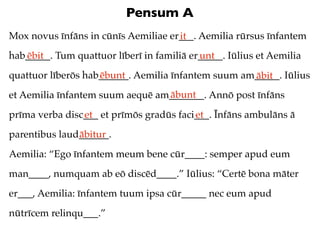Pensum A
Mox novus īnfāns in cūnīs Aemiliae er___. Aemilia rūrsus īnfantem
                                     it
hab_____. Tum quattuor līberī in familiā er_____. Iūlius et Aemilia
   ēbit                                    unt
quattuor līberōs hab______. Aemilia īnfantem suum am_____. Iūlius
                    ēbunt                           ābit
                                 ābunt
et Aemilia īnfantem suum aequē am_______. Annō post īnfāns
prīma verba disc___ et prīmōs gradūs faci___. Īnfāns ambulāns ā
                et                       et
parentibus laud______.
               ābitur
Aemilia: “Ego īnfantem meum bene cūr____: semper apud eum
man____, numquam ab eō discēd____.” Iūlius: “Certē bona māter
er___, Aemilia: īnfantem tuum ipsa cūr_____ nec eum apud
nūtrīcem relinqu___.”
 