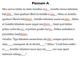 Pensum A
Mox novus īnfāns in cūnīs Aemiliae er___. Aemilia rūrsus īnfantem
                                     it
hab_____. Tum quattuor līberī in familiā er_____. Iūlius et Aemilia
   ēbit                                    unt
quattuor līberōs hab______. Aemilia īnfantem suum am_____. Iūlius
                    ēbunt                           ābit
                                 ābunt
et Aemilia īnfantem suum aequē am_______. Annō post īnfāns
prīma verba disc___ et prīmōs gradūs faci___. Īnfāns ambulāns ā
                et                       et
parentibus laud______.
               ābitur
Aemilia: “Ego īnfantem meum bene cūr____: semper apud eum
                                    ābō
man____, numquam ab eō discēd____.” Iūlius: “Certē bona māter
er___, Aemilia: īnfantem tuum ipsa cūr_____ nec eum apud
nūtrīcem relinqu___.”
 