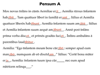 Pensum A
Mox novus īnfāns in cūnīs Aemiliae er___. Aemilia rūrsus īnfantem
                                     it
hab_____. Tum quattuor līberī in familiā er_____. Iūlius et Aemilia
   ēbit                                    unt
quattuor līberōs hab______. Aemilia īnfantem suum am_____. Iūlius
                    ēbunt                           ābit
                                 ābunt
et Aemilia īnfantem suum aequē am_______. Annō post īnfāns
prīma verba disc___ et prīmōs gradūs faci___. Īnfāns ambulāns ā
                et                       et
parentibus laud______.
               ābitur
Aemilia: “Ego īnfantem meum bene cūr____: semper apud eum
                                    ābō
man____, numquam ab eō discēd____.” Iūlius: “Certē bona māter
   ēbō                       am
er___, Aemilia: īnfantem tuum ipsa cūr_____ nec eum apud
  is
nūtrīcem relinqu___.”
 