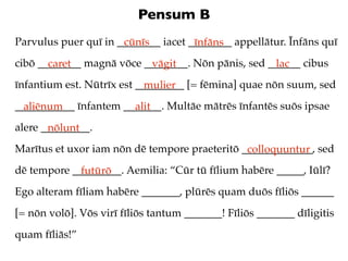Pensum B
Parvulus puer quī in ________ iacet ________ appellātur. Īnfāns quī
                      cūnīs          īnfāns
cibō ________ magnā vōce ________. Nōn pānis, sed ______ cibus
       caret              vāgit                    lac
īnfantium est. Nūtrīx est _________ [= fēmina] quae nōn suum, sed
                            mulier
___________ īnfantem _______. Multāe mātrēs īnfantēs suōs ipsae
  aliēnum              alit
alere _________.
       nōlunt
Marītus et uxor iam nōn dē tempore praeteritō _____________, sed
                                               colloquuntur
dē tempore _________. Aemilia: “Cūr tū fīlium habēre _____, Iūlī?
             futūrō
Ego alteram fīliam habēre _______, plūrēs quam duōs fīliōs ______
[= nōn volō]. Vōs virī fīliōs tantum _______! Fīliōs _______ dīligitis
quam fīliās!”
 