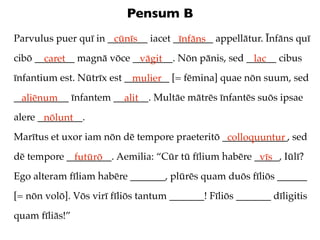 Pensum B
Parvulus puer quī in ________ iacet ________ appellātur. Īnfāns quī
                      cūnīs          īnfāns
cibō ________ magnā vōce ________. Nōn pānis, sed ______ cibus
       caret              vāgit                    lac
īnfantium est. Nūtrīx est _________ [= fēmina] quae nōn suum, sed
                            mulier
___________ īnfantem _______. Multāe mātrēs īnfantēs suōs ipsae
  aliēnum              alit
alere _________.
       nōlunt
Marītus et uxor iam nōn dē tempore praeteritō _____________, sed
                                               colloquuntur
dē tempore _________. Aemilia: “Cūr tū fīlium habēre _____, Iūlī?
             futūrō                                   vīs
Ego alteram fīliam habēre _______, plūrēs quam duōs fīliōs ______
[= nōn volō]. Vōs virī fīliōs tantum _______! Fīliōs _______ dīligitis
quam fīliās!”
 