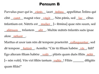 Pensum B
Parvulus puer quī in ________ iacet ________ appellātur. Īnfāns quī
                      cūnīs          īnfāns
cibō ________ magnā vōce ________. Nōn pānis, sed ______ cibus
       caret              vāgit                    lac
īnfantium est. Nūtrīx est _________ [= fēmina] quae nōn suum, sed
                            mulier
___________ īnfantem _______. Multāe mātrēs īnfantēs suōs ipsae
  aliēnum              alit
alere _________.
       nōlunt
Marītus et uxor iam nōn dē tempore praeteritō _____________, sed
                                               colloquuntur
dē tempore _________. Aemilia: “Cūr tū fīlium habēre _____, Iūlī?
             futūrō                                   vīs
Ego alteram fīliam habēre _______, plūrēs quam duōs fīliōs ______
                           volō                             nōlō
[= nōn volō]. Vōs virī fīliōs tantum _______! Fīliōs _______ dīligitis
                                      vultis
quam fīliās!”
 