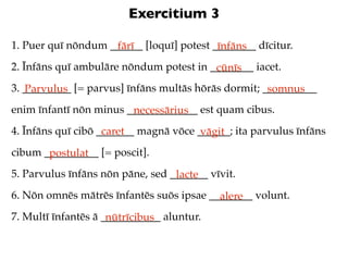 Exercitium 3

1. Puer quī nōndum ______ [loquī] potest ________ dīcitur.
                    fārī                  īnfāns
2. Īnfāns quī ambulāre nōndum potest in ________ iacet.
                                         cūnīs
3. _________ [= parvus] īnfāns multās hōrās dormit; __________
   Parvulus                                          somnus
enim īnfantī nōn minus _____________ est quam cibus.
                        necessārius
4. Īnfāns quī cibō _______ magnā vōce ______; ita parvulus īnfāns
                    caret              vāgit
cibum __________ [= poscit].
       postulat
5. Parvulus īnfāns nōn pāne, sed _______ vīvit.
                                  lacte
6. Nōn omnēs mātrēs īnfantēs suōs ipsae ________ volunt.
                                          alere
7. Multī īnfantēs ā ___________ aluntur.
                     nūtrīcibus
 