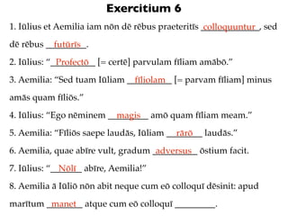 Exercitium 6
1. Iūlius et Aemilia iam nōn dē rēbus praeteritīs _____________, sed
                                                   colloquuntur
dē rēbus _________.
           futūrīs
2. Iūlius: “__________ [= certē] parvulam fīliam amābō.”
             Profectō
3. Aemilia: “Sed tuam Iūliam __________ [= parvam fīliam] minus
                               fīliolam
amās quam fīliōs.”
4. Iūlius: “Ego nēminem _________ amō quam fīliam meam.”
                          magis
5. Aemilia: “Fīliōs saepe laudās, Iūliam ________ laudās.”
                                           rārō
6. Aemilia, quae abīre vult, gradum __________ ōstium facit.
                                     adversus
7. Iūlius: “_______ abīre, Aemilia!”
              Nōlī
8. Aemilia ā Iūliō nōn abit neque cum eō colloquī dēsinit: apud
marītum ________ atque cum eō colloquī _________.
         manet
 