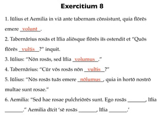 Exercitium 8
1. Iūlius et Aemilia in viā ante tabernam cōnsistunt, quia ﬂōrēs
       volunt
emere ________.
2. Tabernārius rosās et līlia aliōsque ﬂōrēs iīs ostendit et “Quōs
ﬂōrēs ________?” inquit.
       vultis
3. Iūlius: “Nōn rosās, sed līlia __________.”
                                  volumus
4. Tabernārius: “Cūr vōs rosās nōn ________?”
                                    vultis
5. Iūlius: “Nōs rosās tuās emere __________, quia in hortō nostrō
                                  nōlumus
multae sunt rosae.”
6. Aemilia: “Sed hae rosae pulchriōrēs sunt. Ego rosās _______, līlia
_______.” Aemilia dīcit ‘sē rosās _______, līlia _______.’
 