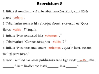 Exercitium 8
1. Iūlius et Aemilia in viā ante tabernam cōnsistunt, quia ﬂōrēs
       volunt
emere ________.
2. Tabernārius rosās et līlia aliōsque ﬂōrēs iīs ostendit et “Quōs
ﬂōrēs ________?” inquit.
       vultis
3. Iūlius: “Nōn rosās, sed līlia __________.”
                                  volumus
4. Tabernārius: “Cūr vōs rosās nōn ________?”
                                    vultis
5. Iūlius: “Nōs rosās tuās emere __________, quia in hortō nostrō
                                  nōlumus
multae sunt rosae.”
6. Aemilia: “Sed hae rosae pulchriōrēs sunt. Ego rosās _______, līlia
                                                         volō
_______.” Aemilia dīcit ‘sē rosās _______, līlia _______.’
 