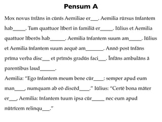 Pensum A
Mox novus īnfāns in cūnīs Aemiliae er___. Aemilia rūrsus īnfantem
hab_____. Tum quattuor līberī in familiā er_____. Iūlius et Aemilia
quattuor līberōs hab______. Aemilia īnfantem suum am_____. Iūlius
et Aemilia īnfantem suum aequē am_______. Annō post īnfāns
prīma verba disc___ et prīmōs gradūs faci___. Īnfāns ambulāns ā
parentibus laud______.
Aemilia: “Ego īnfantem meum bene cūr____: semper apud eum
man____, numquam ab eō discēd____.” Iūlius: “Certē bona māter
er___, Aemilia: īnfantem tuum ipsa cūr_____ nec eum apud
nūtrīcem relinqu___.”
 
