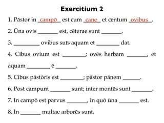 Exercitium 2
1. Pāstor in ________ est cum ______ et centum ________.
              campō            cane             ovibus
2. Ūna ovis _______ est, cēterae sunt _______.

3. _________ ovibus suīs aquam et ________ dat.

4. Cibus ovium est ________; ovēs herbam _______, et

aquam ________ ē _______.

5. Cibus pāstōris est ________; pāstor pānem ______.

6. Post campum _______ sunt; inter montēs sunt _______.

7. In campō est parvus _______, in quō ūna _______ est.

8. In _______ multae arborēs sunt.
 