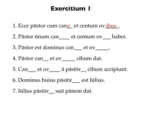 Exercitium 1

1. Ecce pāstor cum can__ et centum ov_____.
                      e              ibus
2. Pāstor ūnum can____ et centum ov___ habet.

3. Pāstor est dominus can___ et ov_____.

4. Pāstor can__ et ov_____ cibum dat.

5. Can___ et ov____ ā pāstōr__ cibum accipiunt.

6. Dominus huius pāstōr___ est Iūlius.

7. Iūlius pāstōr__ suō pānem dat.
 