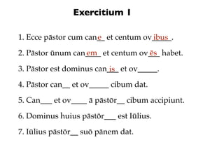 Exercitium 1

1. Ecce pāstor cum can__ et centum ov_____.
                      e              ibus
                  em  ...