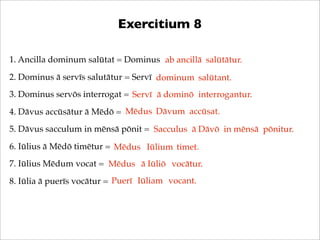 Exercitium 8
1. Ancilla dominum salūtat = Dominus ab ancillā salūtātur.
2. Dominus ā servīs salutātur = Servī dominum salū...