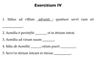 Exercitium IV


1. Iūlius ad vīllam _________; quattuor servī cum eō
                     advenit

____________.

2. Aemil...