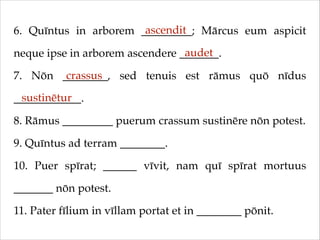 ascendit
6. Quīntus in arborem _________; Mārcus eum aspicit
audet
neque ipse in arborem ascendere _______.!
crassus
7. Nōn ________, sed tenuis est rāmus quō nīdus
sustinētur
____________.!
8. Rāmus _________ puerum crassum sustinēre nōn potest.!
9. Quīntus ad terram ________.!
10. Puer spīrat; ______ vīvit, nam quī spīrat mortuus
_______ nōn potest.!
11. Pater fīlium in vīllam portat et in ________ pōnit.

 