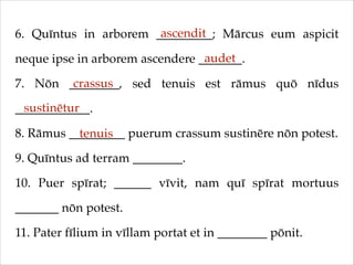 ascendit
6. Quīntus in arborem _________; Mārcus eum aspicit
audet
neque ipse in arborem ascendere _______.!
crassus
7. Nōn ________, sed tenuis est rāmus quō nīdus
sustinētur
____________.!
8. Rāmus _________ puerum crassum sustinēre nōn potest.!
tenuis
9. Quīntus ad terram ________.!
10. Puer spīrat; ______ vīvit, nam quī spīrat mortuus
_______ nōn potest.!
11. Pater fīlium in vīllam portat et in ________ pōnit.

 