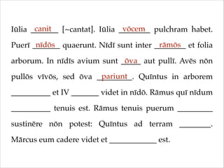 canit
vōcem
Iūlia _______ [~cantat]. Iūlia ________ pulchram habet.
nīdōs
rāmōs
Puerī _______ quaerunt. Nīdī sunt inter ________ et folia
ōva
arborum. In nīdīs avium sunt _____ aut pullī. Avēs nōn
pariunt
pullōs vīvōs, sed ōva _________. Quīntus in arborem
__________ et IV _______ videt in nīdō. Rāmus quī nīdum
__________ tenuis est. Rāmus tenuis puerum _________
sustinēre nōn potest: Quīntus ad terram ________.
Mārcus eum cadere videt et ____________ est.

 