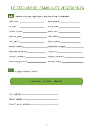 LECTIO III EXE. FAMILIA ET VESTIMENTA
Scrībe accūsātīvum singulārem et plūrālem hōrum vocābulōrum:
civis, civēs __________________________ patria, patriae ______________________
sōl, sōlēs __________________________ aurum, aura _______________________
iuvenis, iuvenēs __________________________ servus, servī _______________________
spatium, spatia __________________________ turba, turbae _______________________
unda, undae __________________________ cursus, cursūs ______________________
animal, animalia __________________________ exemplum, exempla ____________________
prōvincia, prōvinciae ____________________ saxum,saxa __________________________
sententia,sententiae ______________________ memoria, memoriae ____________________
praesidium, praesidia ____________________ mundus, mundī _______________________
Complē vocābulīs tabulae:
‘Esse’ scrībitur ...............................................................................
‘Habēre’ scrībitur ..........................................................................
‘Induere', ‘gerere’ scrībitur ............................................................
18
3.6.
vestīmentīs • nōminibus • adiectīvīs
3.7.
 