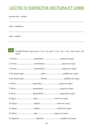 LECTIO IV EXERCITIA VECTURA ET URBS
necesse esse + nōmen
................................................................................................................................................................
velle + īnfīnītīvus
................................................................................................................................................................
velle + nōmen
................................................................................................................................................................
Complē fōrmīs magis quam / (-ior, -ius) quam / (-ior, -ius) + abl., minus quam, tam
quam.
1. Currus ................................... commodus ................................... equus est. (sup.)
2. Currus ................................... (commodus) ................................... equus est. (sup.)
3. Currus ................................... (commodus) ................................... (equus) est. (sup.)
4. Iter tacere equō ................................... celere ................................... pedibus est. (sup.)
5. Iter facere equō ................................... (celere) ................................... pedibus est. (sup.)
6. Nāvis ................................... perīculōsa ................................... equus est. (sup.)
7. Nāvis ................................... (perīculōsa) ................................... equus est. (sup.)
8. Nāvis ................................... (perīculōsa) ................................... (equus) est. (sup.)
9. Equus ................................... tūtus ................................... nāvis est. (sup.)
10. Equus ................................... (tūtus) ................................... nāvis est. (sup.)
11. Equus ................................... (tūtus) ................................... (nāvis) est. (sup.)
12. Nāvis ................................... tūta ................................... equus est. (min.)
13. Equō īre ................................... idōneum ................................... pedibus est. (aeq.)
33
4.8.
 