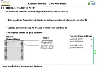 Exercitii practice – Curs KNX Basic
EXERCITIUL PRACTIC NR.2
   Completare descrieri obiecte de grup (similar ca in exercitiul 1)



    Downloadarea Adreselor Individuale ale echipamentelor (similar ca in exercitiul 1)


   Crearea structurii Group Addresses (similar ca in exercitiul 1)

   Adaugarea adrese de grup conform:

    Device                                                              Functie/Group Address
                                          Scopul
    Keypad Living                                                       Lumina C on/off
                                        Comutare spot                   Lumina C status
                                        living/feedback
                                        Comutare lampa                  Lumina B on/off
                                        dining/feedback                 Lumina B status




                                                                                                KNX
Home and Building Management Systems
 
