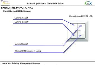 Exercitii practice – Curs KNX Basic
EXERCITIUL PRACTIC NR.2
 Functii keypad K2 Hol intrare:

                                                                 Keypad Jung 2072.02 LED
             Lumina A on/off

             Lumina B on/off




             LuminaC on/off


              Central Off Bucatarie + Living




Home and Building Management Systems
 