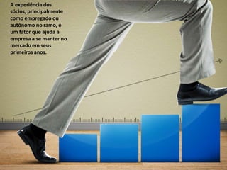 A experiência dos
sócios, principalmente
como empregado ou
autônomo no ramo, é
um fator que ajuda a
empresa a se manter no
mercado em seus
primeiros anos.
 