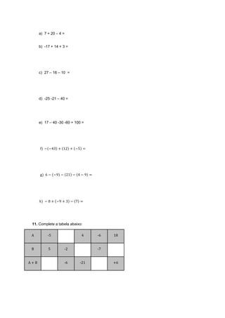 a) 7 + 20 – 4 =
b) -17 + 14 + 3 =
c) 27 – 16 – 10 =
d) -25 -21 – 40 =
e) 17 – 40 -30 -60 + 100 =
f)
g)
11. Complete a tabela abaixo:
A -5 4 -6 18
B 5 -2 -7
A + B -6 -21 +6
 