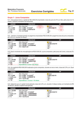 Matemática Financeira
Tec. Processos Gerenciais

Pág. 01

Exercícios Corrigidos

Grupo 1 - Juros Compostos
1.1 - Uma pessoa toma o capital de R$ 5.000,00 emprestado a taxa de juros de 3% ao mês, pelo prazo de 10
meses. Calcule o montante a ser devolvido.
DADOS
FV = ?
Pv = 5.000
i = 3% a.m
> 0,03
n = 10

CÁLCULO
n

FV = Pv.(1+i)
10
FV = 5.000 . (1+0,03)
FV = 5.000 . 1,343916379
FV = 6.719,58

HP
Aciona a
segunda função
da HP

f CLX
5.000 CHS PV
3i
10 n
FV

Limpa a
memória
Inverte o
sinal

1.2 - Calcule o montante gerado se pegarmos emprestado R$ 20.000,00 e pagarmos taxa de juros compostos
de 3,5% a.m, durante 35 meses?
DADOS
FV = ?
Pv = 20.000
i = 3,5% a.m
> 0,035
n = 35

CÁLCULO
n

FV = Pv.(1+i)
35
FV = 20.000 . (1+0,035)
FV = 20.000 . 3,333590446
FV = 66.671,81

HP
f CLX
20.000 CHS PV
3,5 i
35 n
FV

1.3 - Qual o montante de uma aplicação de R$ 50.000,00, a juros compostos, pelo prazo de 2 anos, a taxa de 2%
a.m?
DADOS
FV = ?
Pv = 50.000
i = 2% a.m
> 0,02
n = 24

CÁLCULO
n

FV = Pv.(1+i)
24
FV = 50.000 . (1+0,020)
FV = 50.000 . 1,608437249
FV = 80.421,86
Equivalência: 2 anos = 24 mêses

HP
f CLX
50.000 CHS PV
2i
24 n
FV

1.4 - Um capital de R$ 8.000,00 foi aplicado a juros compostos, durante um ano e meio, à taxa de 2,5% a.m. Qual
o montante?
DADOS
FV = ?
Pv = 8.000
i = 2,5% a.m
> 0,025
n = 18

CÁLCULO
n

FV = Pv.(1+i)
18
FV = 8.000 . (1+0,025)
FV = 8.000 . 1,559658718
FV = 12.477,28
Equivalência: 1,5 anos = 18 mêses

HP
f CLX
8.000 CHS PV
2,5 i
18 n
FV

1.5 - Sabendo que um capital inicial aplicado a taxa de 2,2% a.m, durante 4 mêses rendeu um montante de R$
79.000,00, calcule o capital inicial aplicado.
DADOS
FV = 79.000
Pv = ?
i = 2,2% a.m
> 0,022
n=4

CÁLCULO
n

FV = Pv.(1+i)
4
79.000 = PV . (1+0,022)
79.000 = PV . 1,0909466826
PV = 79.000 / 1,0909466826
PV = 72.414,16

HP
f CLX
79.000 CHS FV
2,2 i
4n
PV

 