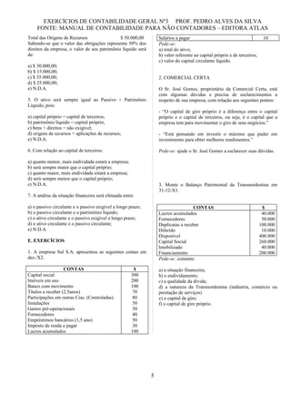 EXERCÍCIOS DE CONTABILIDADE GERAL Nº3 PROF. PEDRO ALVES DA SILVA
    FONTE: MANUAL DE CONTABILIDADE PARA NÃO CONTADORES – EDITORA ATLAS
Total das Origens de Recursos                 $ 50.000,00         Salários a pagar                                         10
Sabendo-se que o valor das obrigações representa 50% dos          Pede-se:
direitos da empresa, o valor de seu patrimônio líquido será       a) total do ativo;
de:                                                               b) valor referente ao capital próprio e de terceiros;
                                                                  c) valor do capital circulante líquido.
a) $ 30.000,00;
b) $ 15.000,00;
c) $ 35.000,00;                                                   2. COMERCIAL CERTA
d) $ 25.000,00;
e) N.D.A.                                                         O Sr. José Gomes, proprietário da Comercial Certa, está
                                                                  com algumas dúvidas e precisa de esclarecimentos a
5. O ativo será sempre igual ao Passivo + Patrimônio              respeito de sua empresa, com relação aos seguintes pontos:
Líquido, pois:
                                                                  - “O capital de giro próprio é a diferença entre o capital
a) capital próprio = capital de terceiros;                        próprio e o capital de terceiros, ou seja, é o capital que a
b) patrimônio líquido = capital próprio;                          empresa tem para movimentar o giro de seus negócios.”
c) bens + direitos = não exigível;
d) origens de recursos = aplicações de recursos;                  - “Está pensando em investir o máximo que puder em
e) N.D.A.                                                         investimento para obter melhores rendimentos.”

6. Com relação ao capital de terceiros:                           Pede-se: ajude o Sr. José Gomes a esclarecer suas dúvidas.

a) quanto menor, mais endividada estará a empresa;
b) será sempre maior que o capital próprio;
c) quanto maior, mais endividada estará a empresa;
d) será sempre menor que o capital próprio;
e) N.D.A.                                                         3. Monte o Balanço Patrimonial da Transnordestina em
                                                                  31-12-X1.
7. A análise da situação financeira será efetuada entre:

a) o passivo circulante e o passivo exigível a longo prazo;                        CONTAS                                  $
b) o passivo circulante e o patrimônio líquido;                   Lucros acumulados                                        40.000
c) o ativo circulante e o passivo exigível a longo prazo;         Fornecedores                                             50.000
d) o ativo circulante e o passivo circulante;                     Duplicatas a receber                                    100.000
e) N.D.A.                                                         Diferido                                                 10.000
                                                                  Disponível                                              400.000
E. EXERCÍCIOS                                                     Capital Social                                          260.000
                                                                  Imobilizado                                              40.000
1. A empresa Sul S.A. apresentou as seguintes contas em           Financiamento                                           200.000
dez./X2.                                                          Pede-se: comente:

                   CONTAS                               $         a) a situação financeira;
Capital social                                        300         b) o endividamento;
Imóveis em uso                                        200         c) a qualidade da dívida;
Banco com movimento                                   100         d) a natureza da Transnordestina (indústria, comércio ou
Títulos a receber (2,5anos)                            70         prestação de serviços)
Participações em outras Cias. (Controladas)            80         e) o capital de giro;
Instalações                                            50         f) o capital de giro próprio.
Gastos pré-operacionais                                30
Fornecedores                                           40
Empréstimos bancários (1,5 ano)                        50
Imposto de renda a pagar                               30
Lucros acumulados                                     100




                                                              5
 