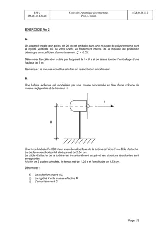 Page 1/3
EPFL
IMAC-IS-ENAC
Cours de Dynamique des structures
Prof. I. Smith
EXERCICE 2
EXERCICE No 2
A.
Un appareil fragile d'un poids de 20 kg est emballé dans une mousse de polyuréthanne dont
la rigidité verticale est de 20.0 kN/m. Le frottement interne de la mousse de protection
développe un coefficient d'amortissement  = 0.05.
Déterminer l'accélération subie par l'appareil à t = 0 s si on laisse tomber l'emballage d'une
hauteur de 1 m.
Remarque : la mousse constitue à la fois un ressort et un amortisseur.
B.
Une turbine éolienne est modélisée par une masse concentrée en tête d'une colonne de
masse négligeable et de hauteur H.
H
P
Une force latérale F= 890 N est exercée selon l'axe de la turbine à l’aide d’un câble d’attache.
Le déplacement horizontal statique est de 2,54 cm.
Le câble d'attache de la turbine est instantanément coupé et les vibrations résultantes sont
enregistrées.
A la fin de 2 cycles complets, le temps est de 1,25 s et l'amplitude de 1,63 cm.
Déterminer :
a) La pulsation propre n
b) La rigidité K et la masse effective M
c) L'amortissement C
F
 