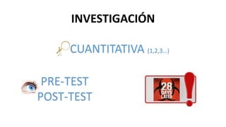 INVESTIGACIÓN
CUANTITATIVA (1,2,3…)
PRE-TEST
POST-TEST
 