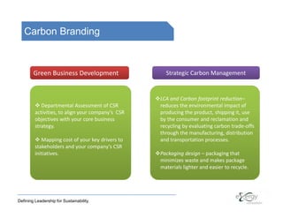 Carbon Branding



        Green Business Development                   Strategic Carbon Management


                                                   LCA and Carbon footprint reduction–
            Departmental Assessment of CSR         reduces the environmental impact of
         activities, to align your company’s CSR   producing the product, shipping it, use
         objectives with your core business        by the consumer and reclamation and
         strategy.                                 recycling by evaluating carbon trade-offs
                                                   through the manufacturing, distribution
            Mapping cost of your key drivers to    and transportation processes.
         stakeholders and your company’s CSR
         initiatives.                              Packaging design – packaging that
                                                   minimizes waste and makes package
                                                   materials lighter and easier to recycle.




Defining Leadership for Sustainability.
 