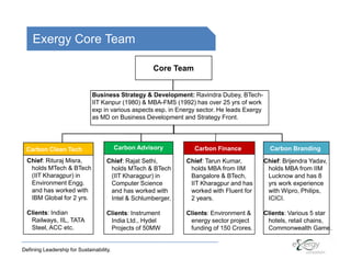 Exergy Core Team

                                                     Core Team


                              Business Strategy & Development: Ravindra Dubey, BTech-
                              IIT Kanpur (1980) & MBA-FMS (1992) has over 25 yrs of work
                              exp in various aspects esp. in Energy sector. He leads Exergy
                              as MD on Business Development and Strategy Front.




 Carbon Clean Tech                        Carbon Advisory         Carbon Finance                Carbon Branding
  Chief: Rituraj Misra,              Chief: Rajat Sethi,       Chief: Tarun Kumar,            Chief: Brijendra Yadav,
   holds MTech & BTech                holds MTech & BTech       holds MBA from IIM             holds MBA from IIM
   (IIT Kharagpur) in                 (IIT Kharagpur) in        Bangalore & BTech,             Lucknow and has 8
   Environment Engg.                  Computer Science          IIT Kharagpur and has          yrs work experience
   and has worked with                and has worked with       worked with Fluent for         with Wipro, Philips,
   IBM Global for 2 yrs.              Intel & Schlumberger.     2 years.                       ICICI.

  Clients: Indian                    Clients: Instrument       Clients: Environment &         Clients: Various 5 star
   Railways, IIL, TATA                India Ltd., Hydel         energy sector project          hotels, retail chains,
   Steel, ACC etc.                    Projects of 50MW          funding of 150 Crores.         Commonwealth Game.


Defining Leadership for Sustainability.
 