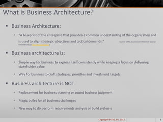 What is Business Architecture? 
  Business Architecture: 
     “A blueprint of the enterprise that provides a common understanding of the organiza<on and 
      is used to align strategic objec<ves and tac<cal demands.”                    Source: OMG, Business Architecture Special 
      Interest Group (hGp://bawg.omg.org)  



  Business architecture is:  
     Simple way for business to express itself consistently while keeping a focus on delivering 
      stakeholder value 

     Way for business to craN strategies, priori<es and investment targets 

  Business architecture is NOT: 
     Replacement for business planning or sound business judgment 

     Magic bullet for all business challenges 

     New way to do perform requirements analysis or build systems 


                                                             Copyright © TSG, Inc. 2012                                           1 
 