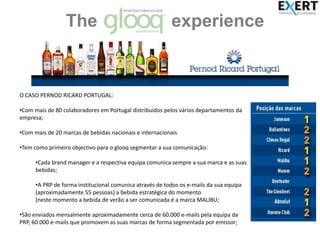 The               experienceO CASO PERNOD RICARD PORTUGAL:Com mais de 80 colaboradores em Portugal distribuidos pelos vários departamentos da empresa;